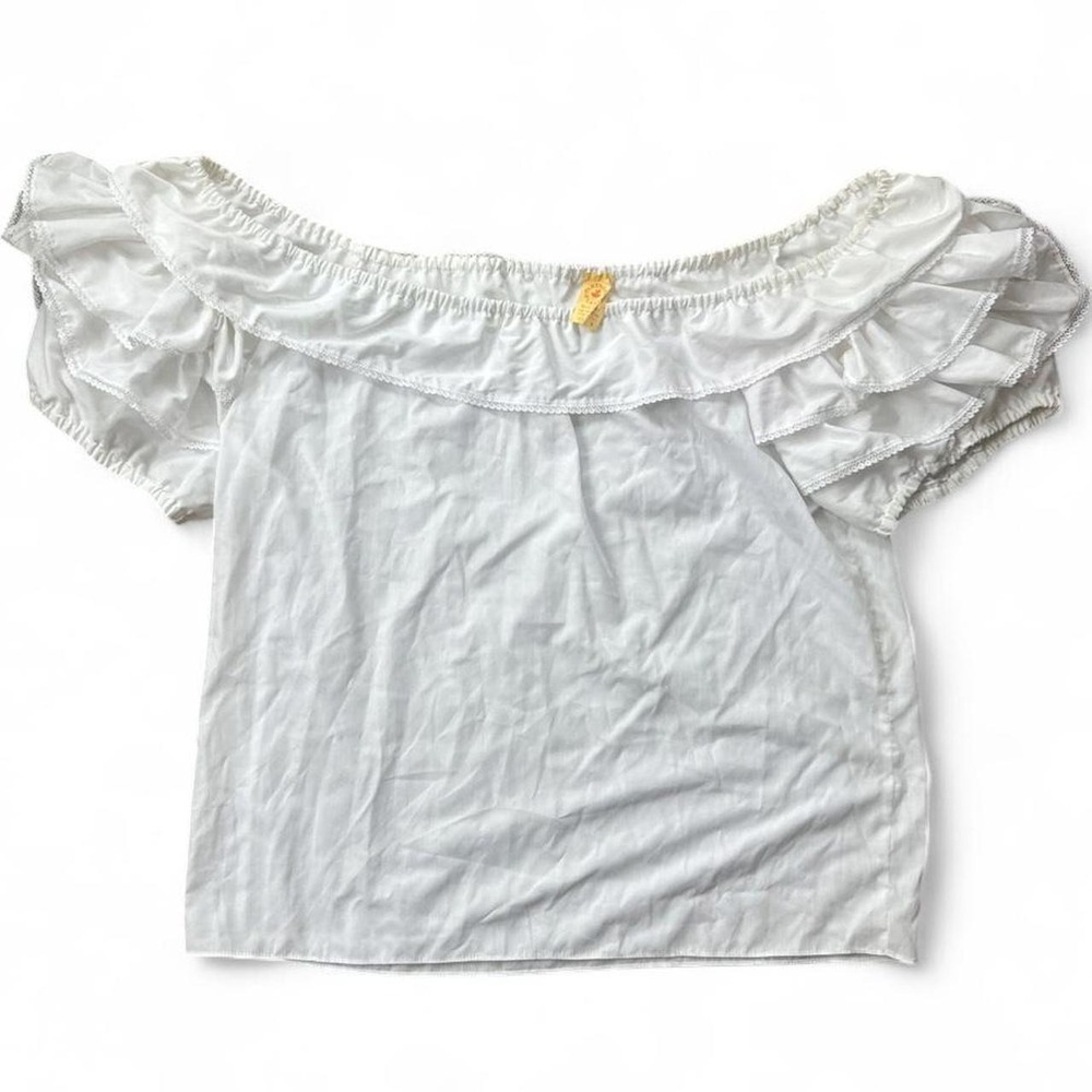 Vintage70s Malco Modes White Ruffle Short Sleeve Cotton Lace Trimmed Peasant Top